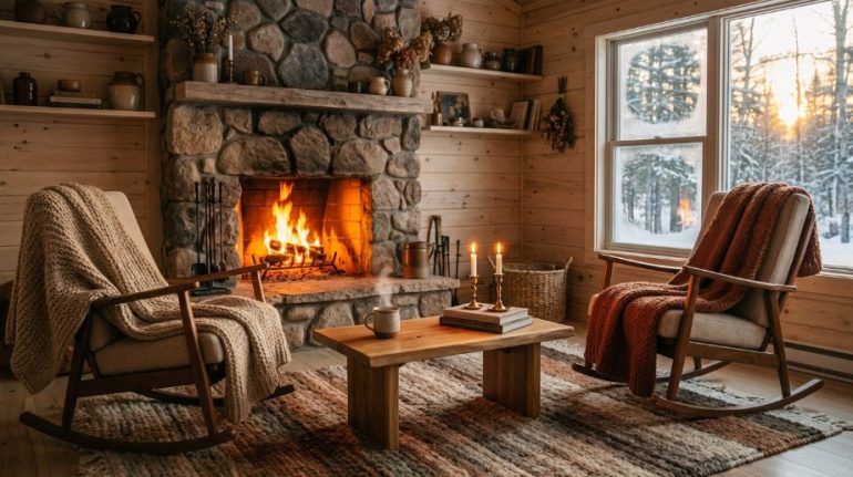 Атмосфера хюгге в загородном доме с камином и террасой